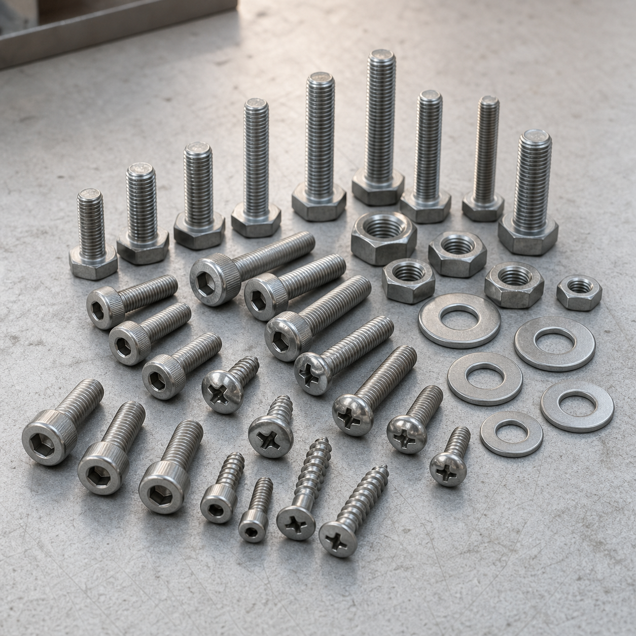 Assorted bolts, screws, nuts, and washers