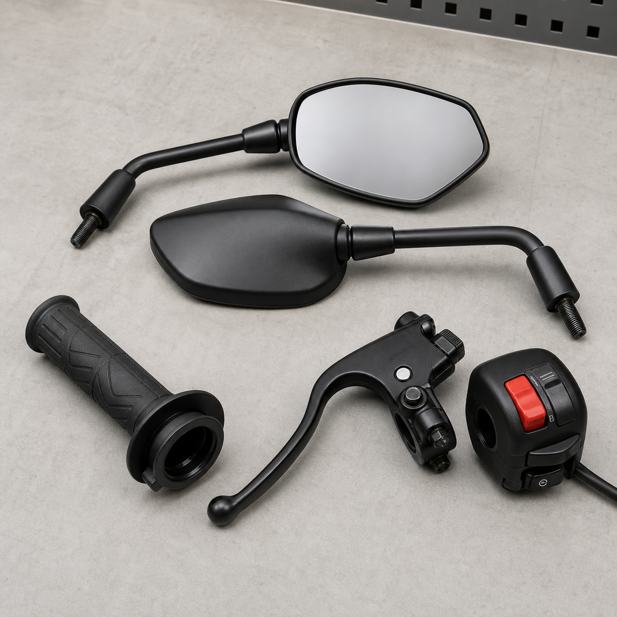 Motorcycle mirrors and handlebar control accessories
